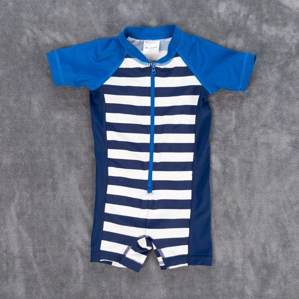 Hanna Andersson Boys Rash Guard Swimsuit 18-24m Blue White Stripe Zip Front